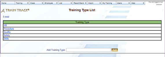 Training Type List Screen